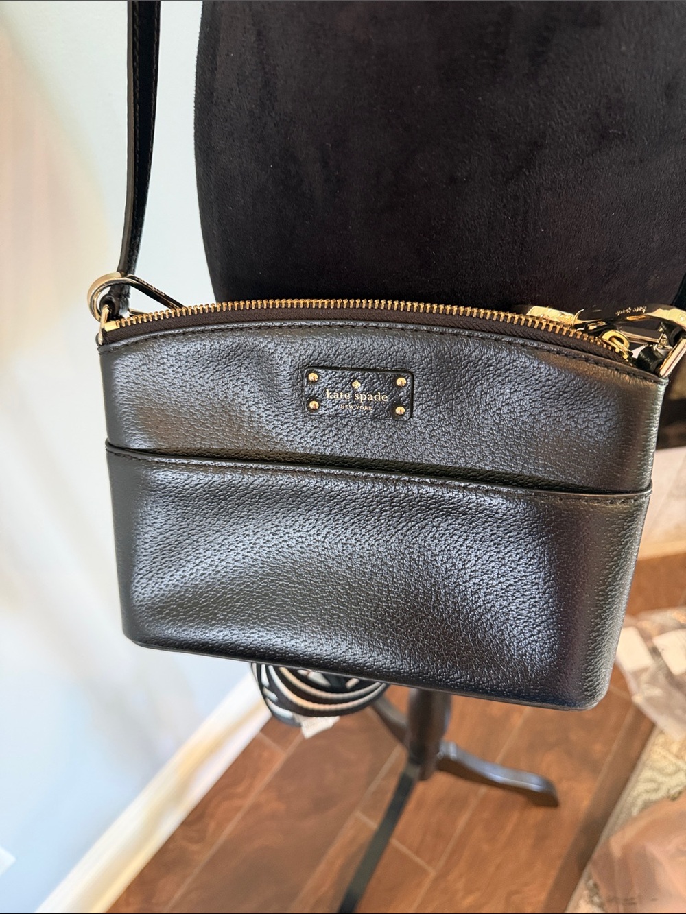 kate spade Black Pebbled Leather Crossbody with Striped Strap and Coin Pouch - Picture 3 of 5